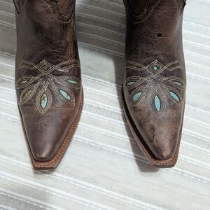 Tony Lama Distressed Brown Leather Western Boots with Turquoise and Red Accents